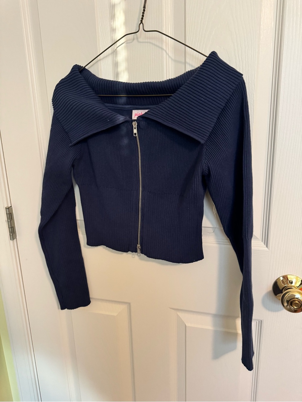 Navy Ribbed Zip-Front Crop Top - Picture 3 of 5